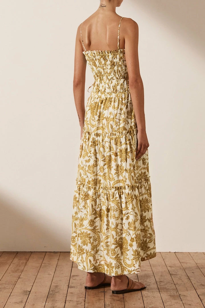 Shona Joy SAFFRON SHIRRED TIERED MIDI DRESS