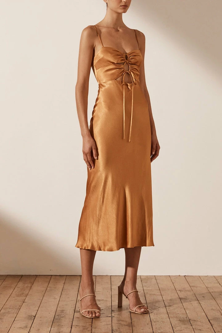 Shona Joy DRESSES ALMA LACE UP MIDI DRESS - TURMERIC