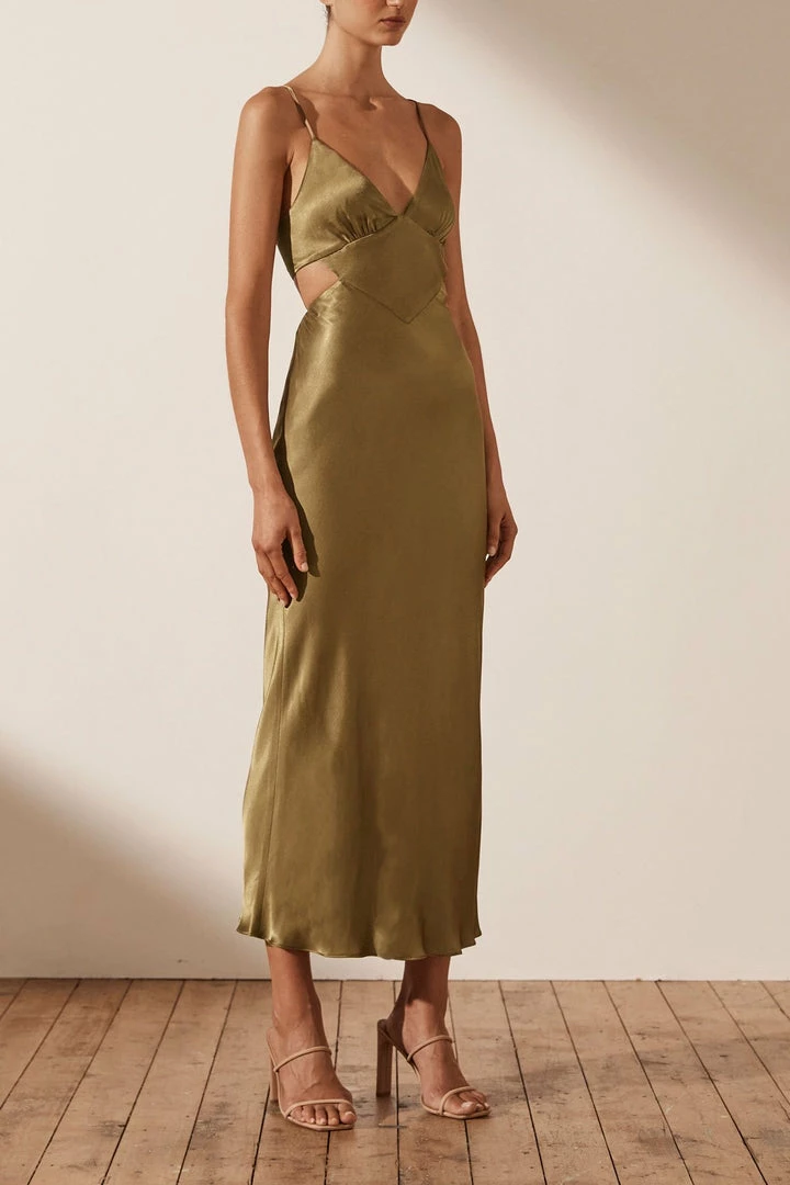 Shona Joy ALMA BACKLESS MIDI DRESS - CUMIN DRESSES