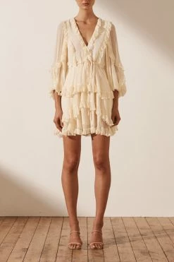 Shona Joy DRESSES IRIS BALLOON SLEEVE FRILL MINI DRESS - CREAM