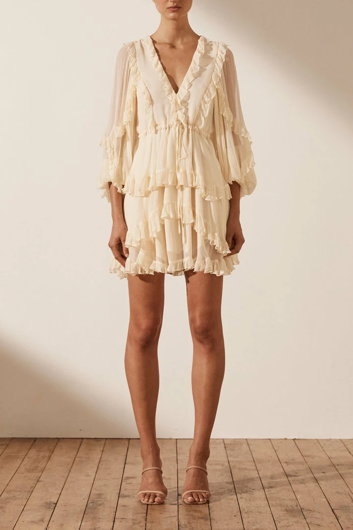 Shona Joy DRESSES IRIS BALLOON SLEEVE FRILL MINI DRESS - CREAM