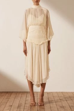 Shona Joy IRIS LONG SLEEVE OPEN BACK MIDI DRESS - CREAM DRESSES