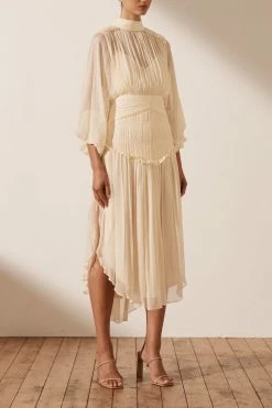 Shona Joy IRIS LONG SLEEVE OPEN BACK MIDI DRESS - CREAM DRESSES