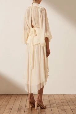Shona Joy IRIS LONG SLEEVE OPEN BACK MIDI DRESS - CREAM DRESSES