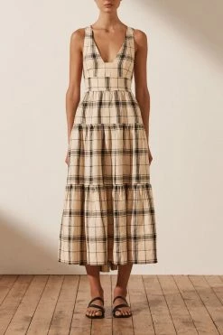 Shona Joy INDRA LINEN PLUNGED CROSS BACK MIDI DRESS DRESSES