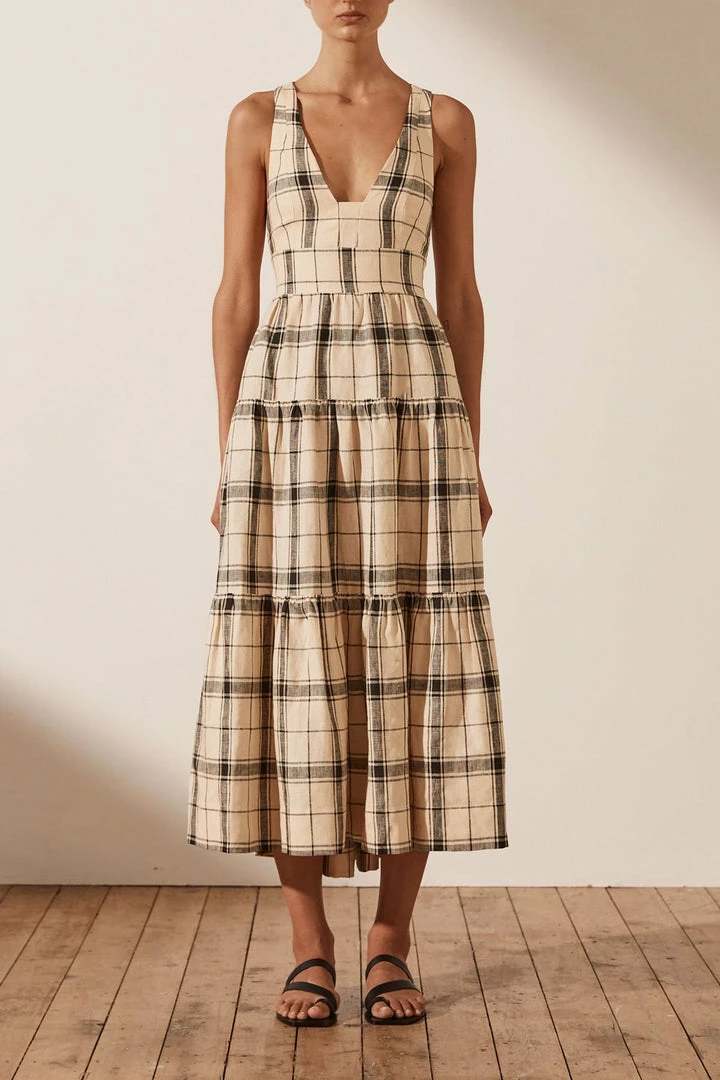 Shona Joy INDRA LINEN PLUNGED CROSS BACK MIDI DRESS DRESSES