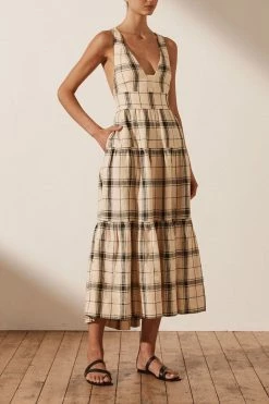 Shona Joy INDRA LINEN PLUNGED CROSS BACK MIDI DRESS DRESSES
