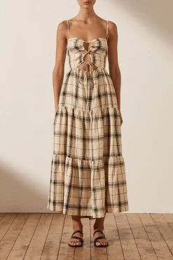 Shona Joy INDRA LINEN LACE UP BACKLESS MIDI DRESS DRESSES