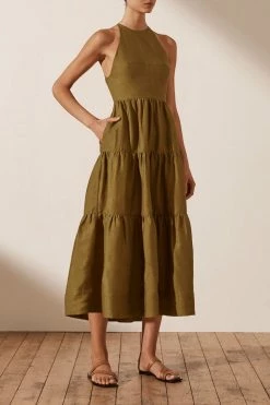 Shona Joy DRESSES MAYA LINEN OPEN BACK TIERED MIDI DRESS - CUMIN