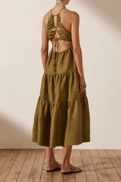 Shona Joy DRESSES MAYA LINEN OPEN BACK TIERED MIDI DRESS - CUMIN