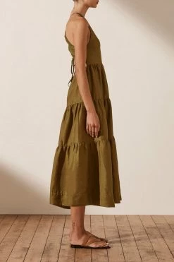 Shona Joy DRESSES MAYA LINEN OPEN BACK TIERED MIDI DRESS - CUMIN