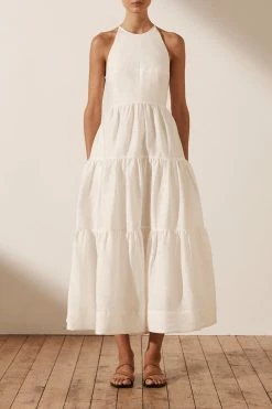 Shona Joy MAYA LINEN BACKLESS HALTER MIDI DRESS - IVORY DRESSES