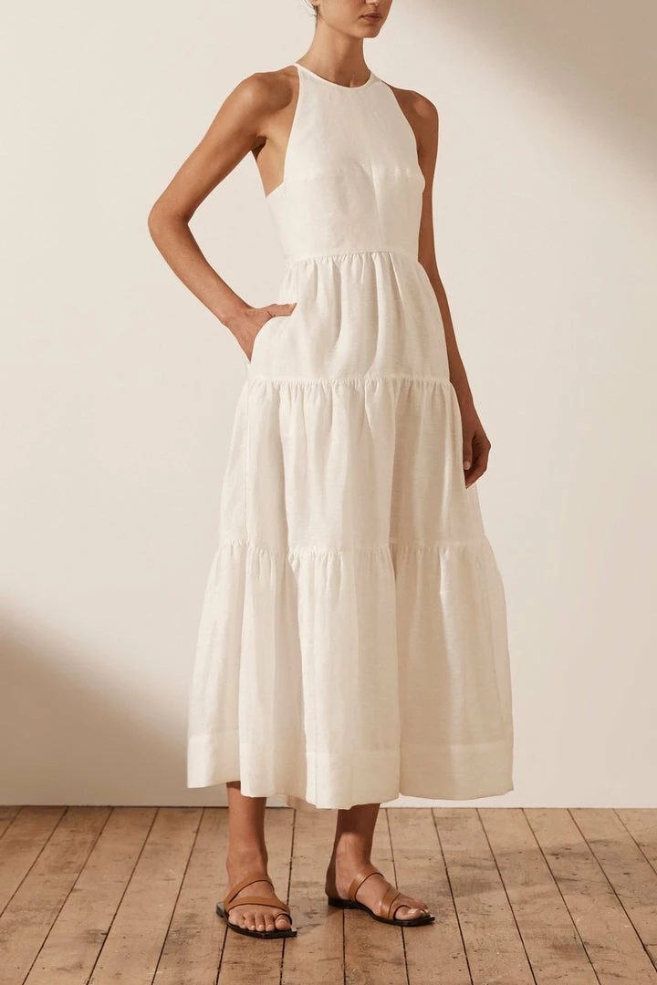 Shona Joy MAYA LINEN BACKLESS HALTER MIDI DRESS - IVORY DRESSES