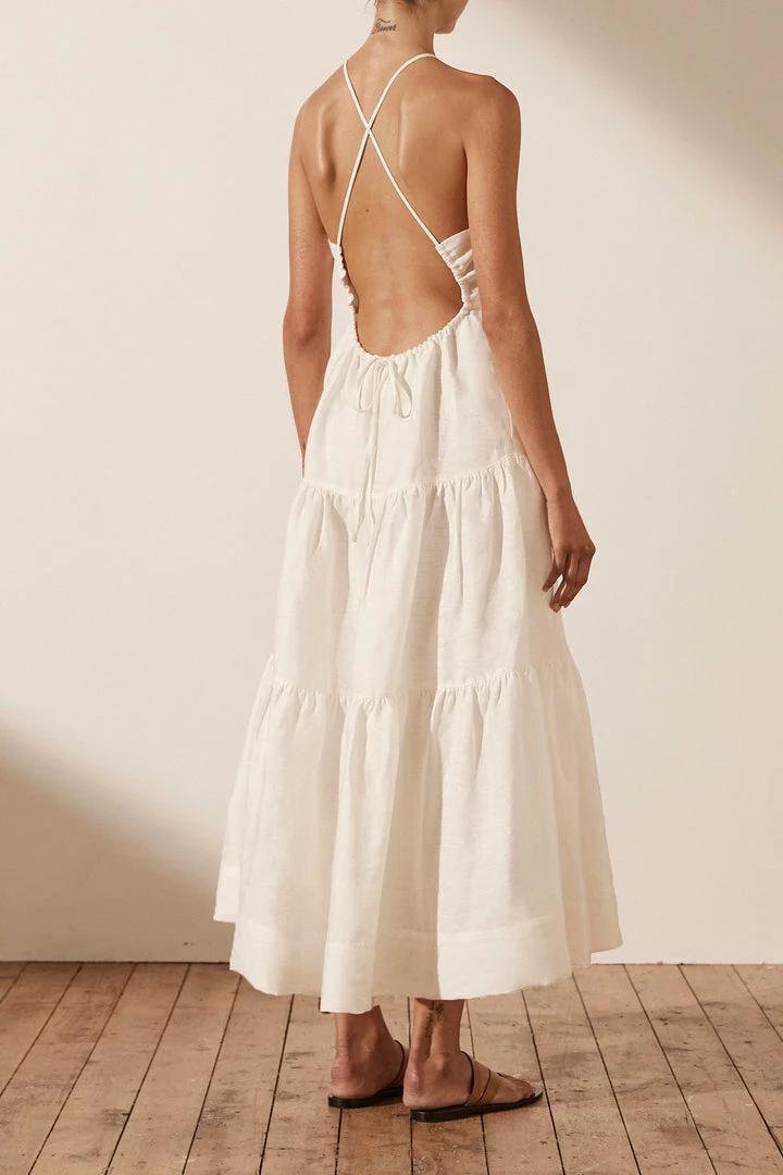Shona Joy MAYA LINEN BACKLESS HALTER MIDI DRESS - IVORY DRESSES