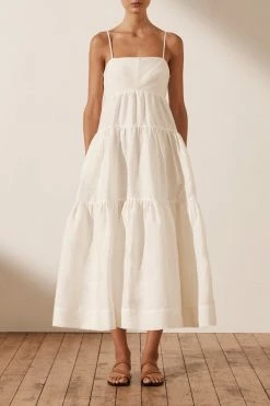 Shona Joy MAYA LINEN PIN TUCK OPEN BACK TIERED MIDI DRESS - IVORY DRESSES