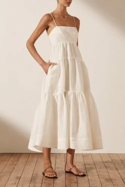 Shona Joy MAYA LINEN PIN TUCK OPEN BACK TIERED MIDI DRESS - IVORY DRESSES