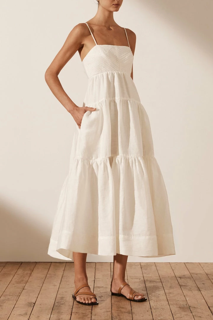Shona Joy MAYA LINEN PIN TUCK OPEN BACK TIERED MIDI DRESS - IVORY DRESSES