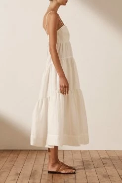 Shona Joy MAYA LINEN PIN TUCK OPEN BACK TIERED MIDI DRESS - IVORY DRESSES