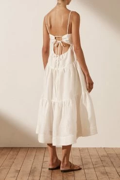 Shona Joy MAYA LINEN PIN TUCK OPEN BACK TIERED MIDI DRESS - IVORY DRESSES