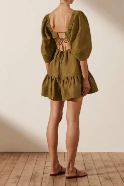 Shona Joy MAYA LINEN OPEN BACK MINI DRESS - CUMIN DRESSES