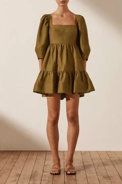 Shona Joy MAYA LINEN OPEN BACK MINI DRESS - CUMIN DRESSES