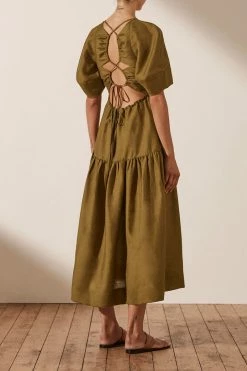 Shona Joy MAYA LINEN SHORT SLEEVE OPEN BACK MIDI DRESS - CUMIN DRESSES