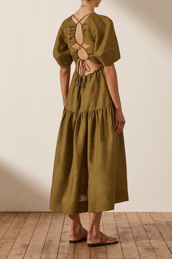 Shona Joy MAYA LINEN SHORT SLEEVE OPEN BACK MIDI DRESS - CUMIN DRESSES