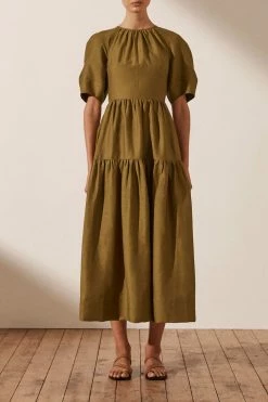 Shona Joy MAYA LINEN SHORT SLEEVE OPEN BACK MIDI DRESS - CUMIN DRESSES