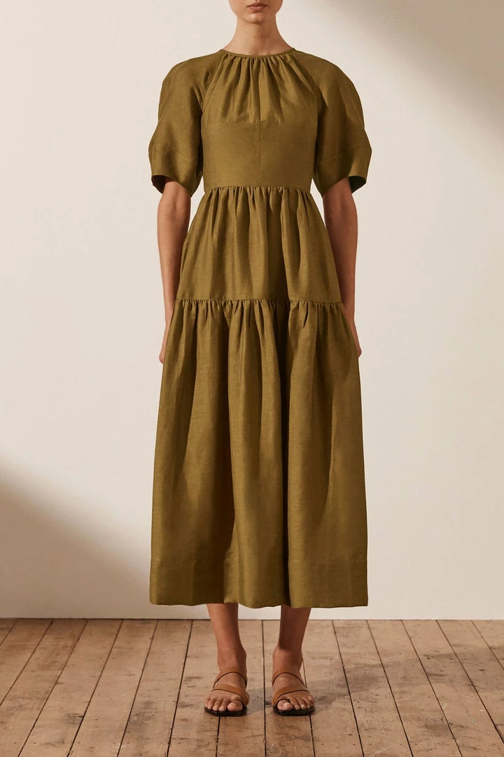 Shona Joy MAYA LINEN SHORT SLEEVE OPEN BACK MIDI DRESS - CUMIN DRESSES
