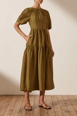 Shona Joy MAYA LINEN SHORT SLEEVE OPEN BACK MIDI DRESS - CUMIN DRESSES