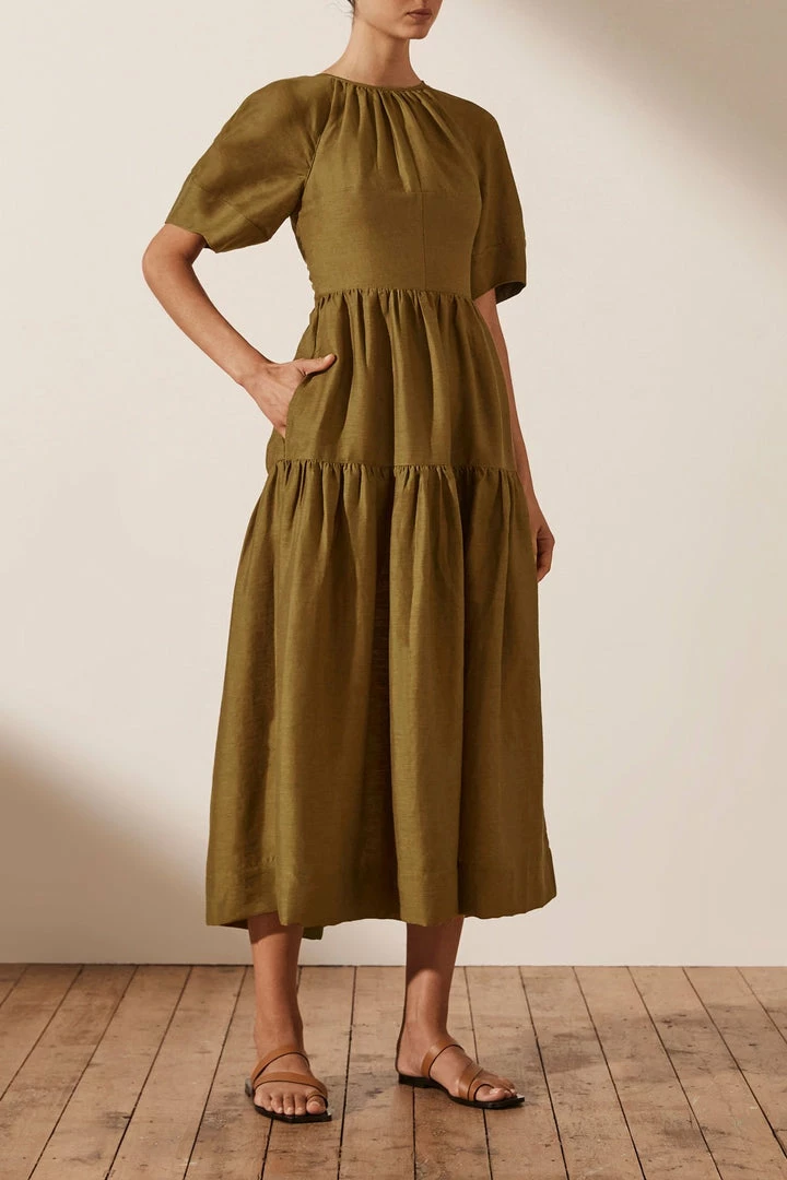 Shona Joy MAYA LINEN SHORT SLEEVE OPEN BACK MIDI DRESS - CUMIN DRESSES
