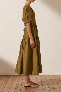 Shona Joy MAYA LINEN SHORT SLEEVE OPEN BACK MIDI DRESS - CUMIN DRESSES