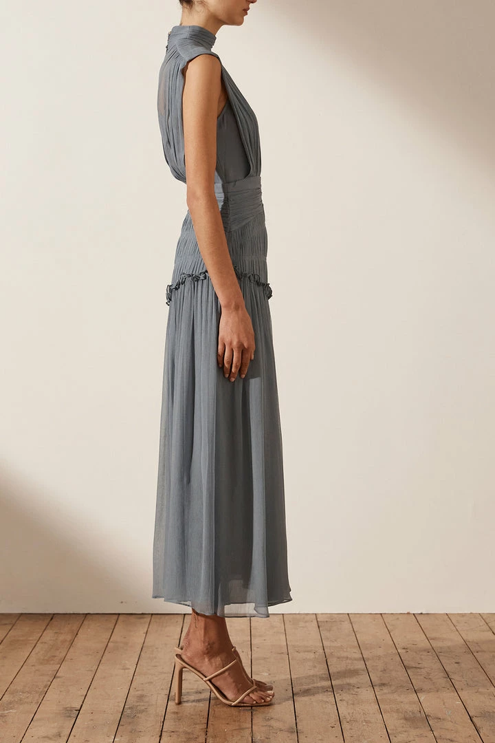 Shona Joy KAYLA HIGH NECK MIDI DRESS - BLUE SMOKE