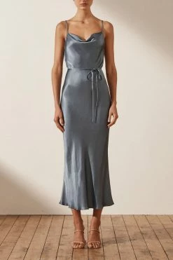 Shona Joy LA LUNE BIAS COWL MIDI DRESS - BLUE SMOKE