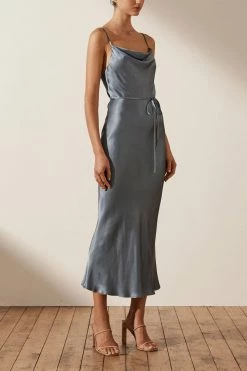 Shona Joy LA LUNE BIAS COWL MIDI DRESS - BLUE SMOKE