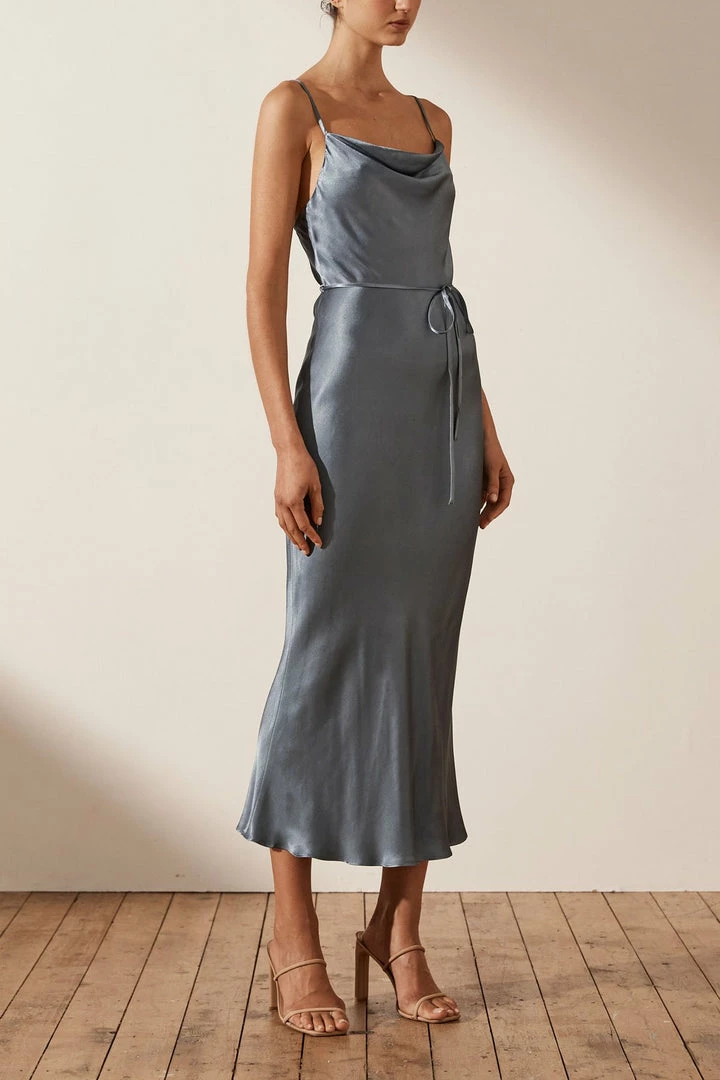 Shona Joy LA LUNE BIAS COWL MIDI DRESS - BLUE SMOKE