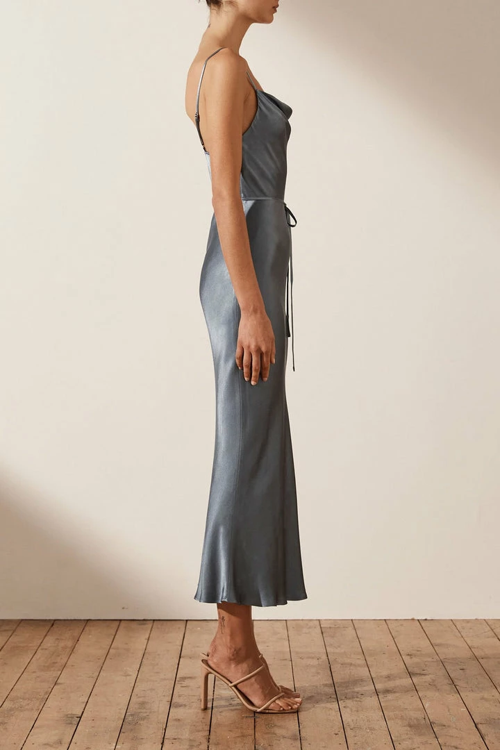 Shona Joy LA LUNE BIAS COWL MIDI DRESS - BLUE SMOKE