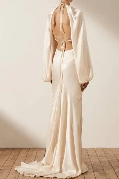 Shona Joy LA LUNE BALLOON SLEEVE OPEN BACK MAXI DRESS - CREAM Wedding