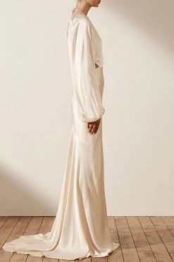 Shona Joy LA LUNE BALLOON SLEEVE OPEN BACK MAXI DRESS - CREAM Wedding