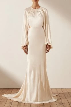 Shona Joy LA LUNE BALLOON SLEEVE OPEN BACK MAXI DRESS - CREAM Wedding