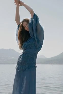 Shona Joy DRESSES KAYLA BUTTON UP RUCHED MIDI DRESS - BLUE SMOKE