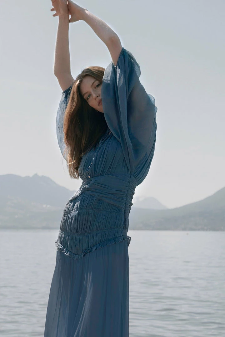 Shona Joy DRESSES KAYLA BUTTON UP RUCHED MIDI DRESS - BLUE SMOKE