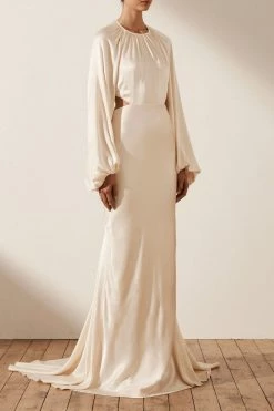 Shona Joy LA LUNE BALLOON SLEEVE OPEN BACK MAXI DRESS - CREAM Wedding