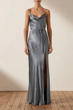 Shona Joy LA LUNE BIAS COWL MAXI DRESS - BLUE SMOKE DRESSES