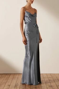 Shona Joy LA LUNE BIAS COWL MAXI DRESS - BLUE SMOKE DRESSES
