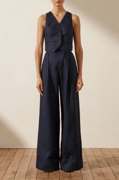 Shona Joy LIGIA LINEN TAILORED FITTED VEST - NAVY