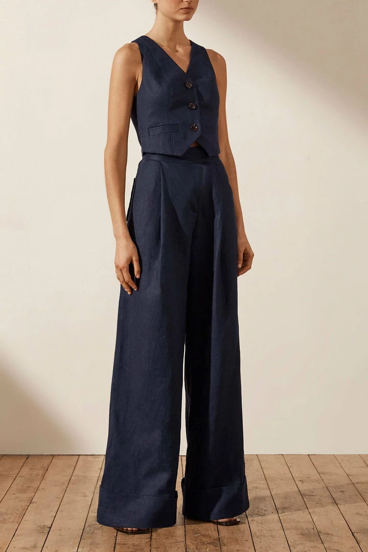 Shona Joy LIGIA LINEN TAILORED FITTED VEST - NAVY