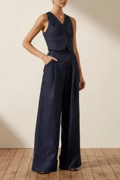 Shona Joy SHORTS & PANTS LIGIA LINEN ASYMMETRIC WIDE LEG PANT - NAVY