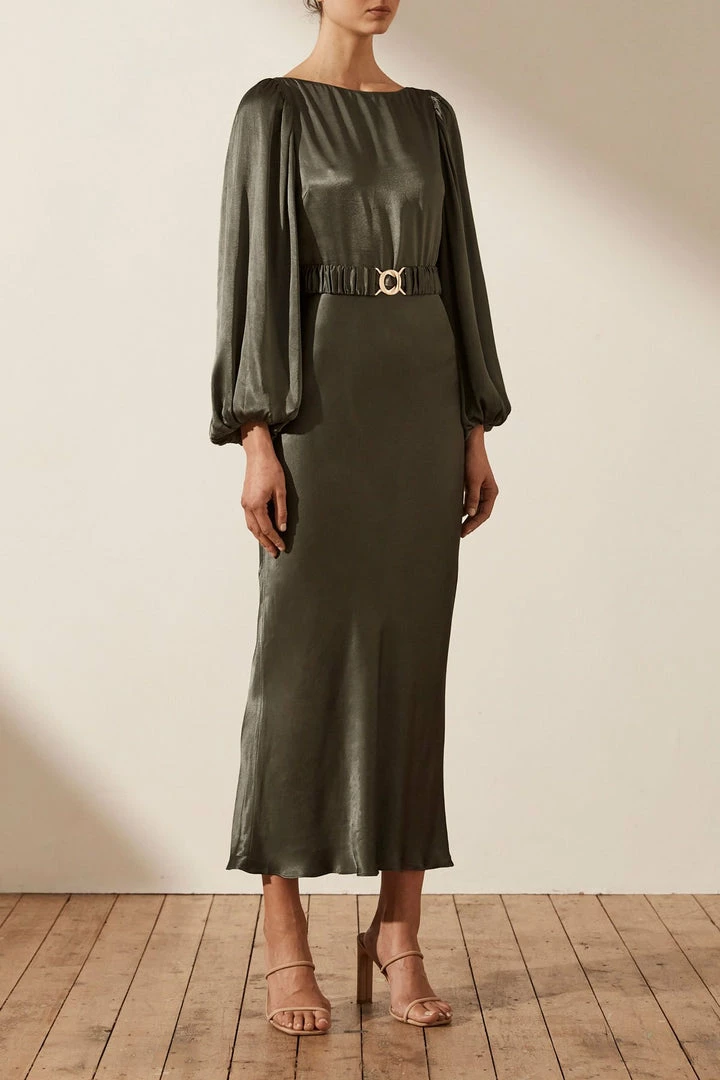 Shona Joy DRESSES LA LUNE BALLOON SLEEVE MIDI DRESS WITH BELT - OLIVE