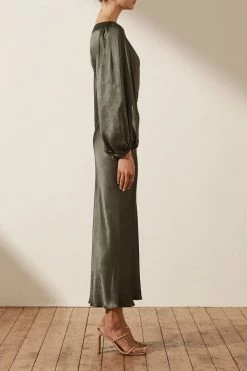 Shona Joy DRESSES LA LUNE BALLOON SLEEVE MIDI DRESS WITH BELT - OLIVE